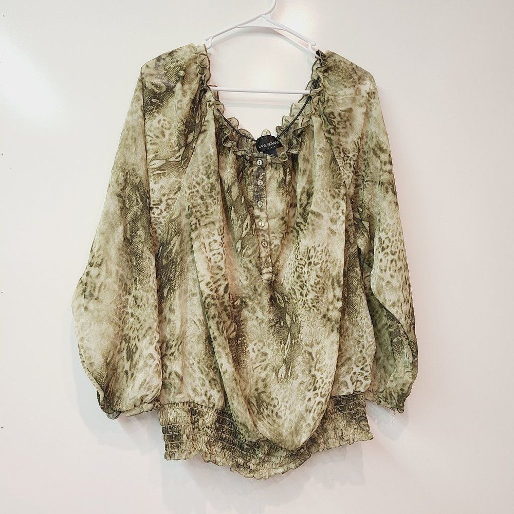 Lane Bryant Green Long Sleeve Sheer Blouse Animal Print Size 22 / 24 W